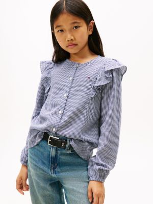 Kids' Long-Sleeve Check Ruffle Shirt, Blue Ink