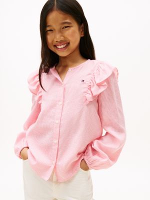 Kids' Long-Sleeve Check Ruffle Shirt, Darling Pink