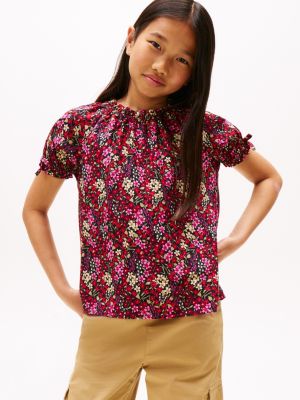 Kids' Ruffle-Trim Floral Print Top, Navy Blue