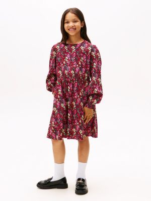 Kids' Long-Sleeve Floral Print Dress, Navy Blue