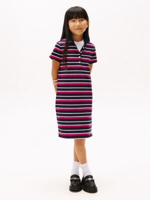 Kids' Stripe Stretch Polo Dress, Navy Blue