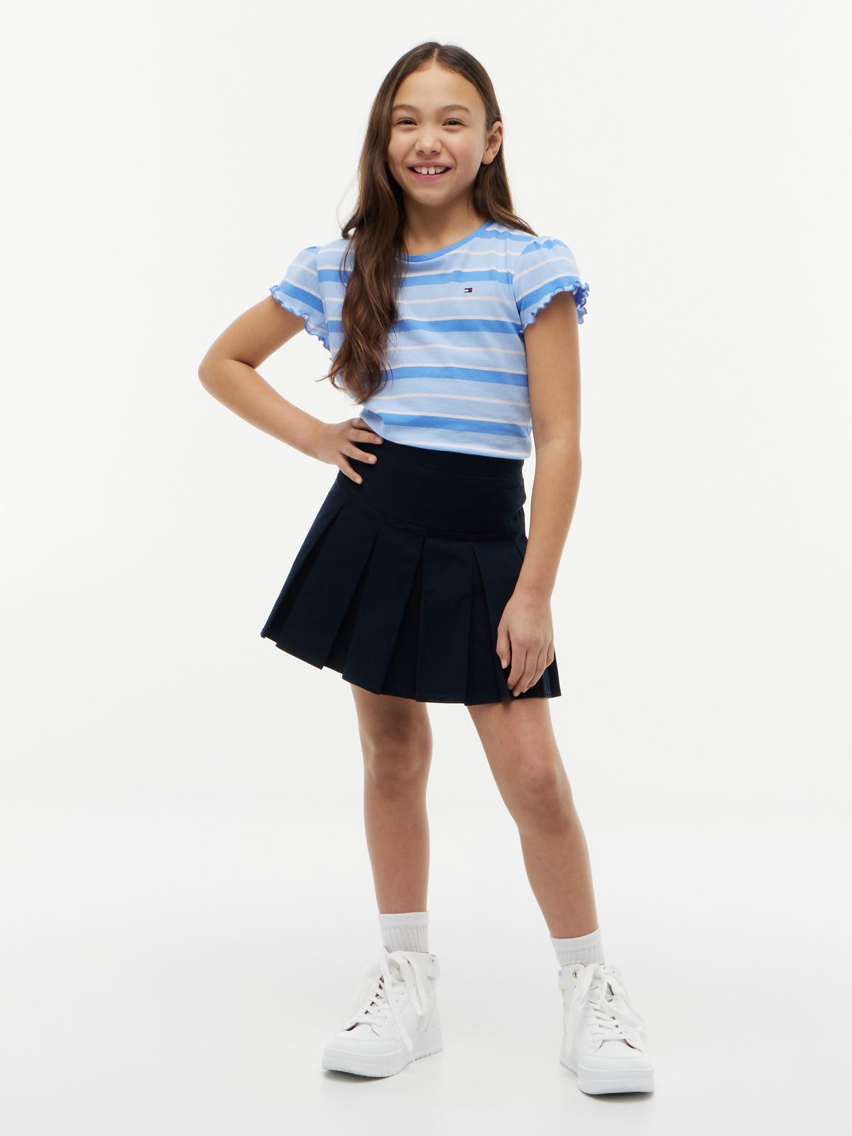 Kids' Stripe Lettuce-Trim Sleeve T-Shirt — Blue Spell