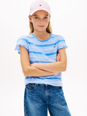 Kids' Stripe Lettuce-Trim Sleeve T-Shirt, Blue Spell
