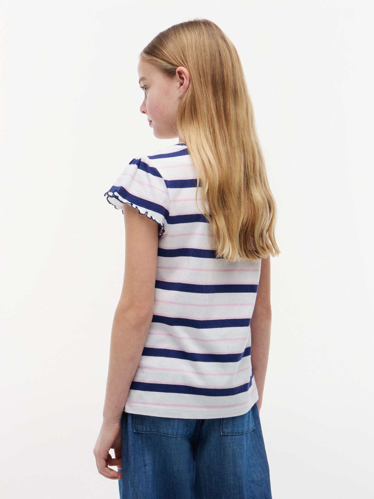 Kids' Stripe Lettuce-Trim Sleeve T-Shirt — Blue Ink