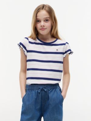Kids' Stripe Lettuce-Trim Sleeve T-Shirt, Blue Ink
