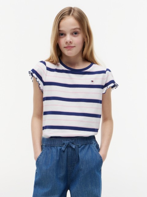 Детские футболки Tommy Hilfiger Kids' Stripe Lettuce-Trim Sleeve T-Shirt