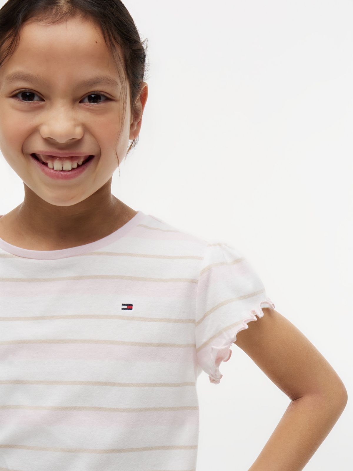 Kids' Stripe Lettuce-Trim Sleeve T-Shirt — Light Pink