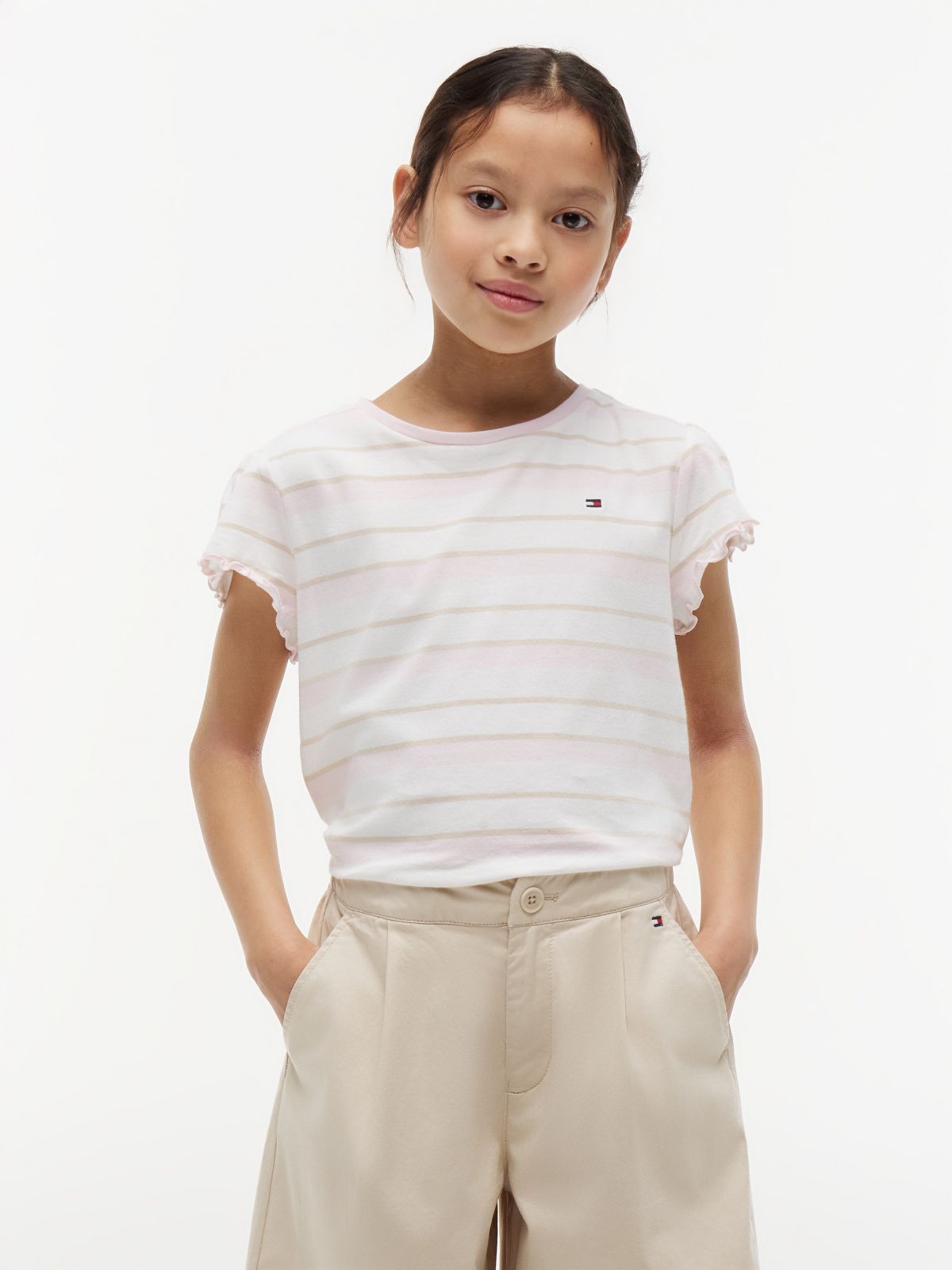 Kids' Stripe Lettuce-Trim Sleeve T-Shirt — Light Pink