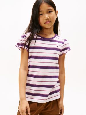 Kids' Stripe Lettuce-Trim Sleeve T-Shirt, Midnight Plum