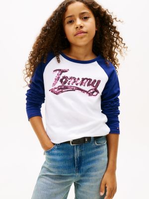 Kids' Sequin Tommy Raglan-Sleeve T-Shirt, Optic White