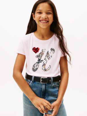 Kids' Sequin Logo T-Shirt, Light Pink