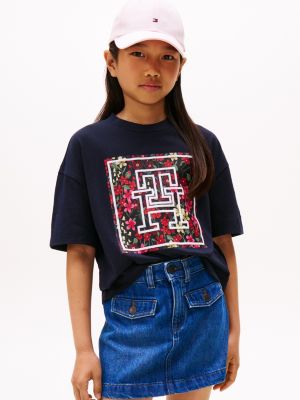 Kids' Floral Monogram T-Shirt, Navy Blue