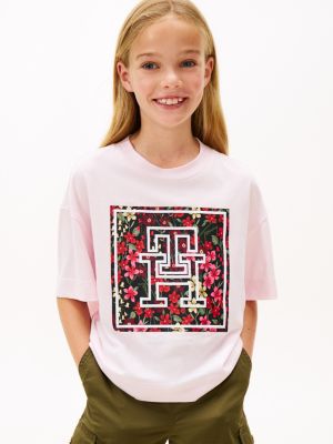 Kids' Floral Monogram T-Shirt, Light Pink
