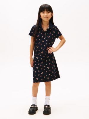 Kids' Floral Print Polo Dress, Navy Blue