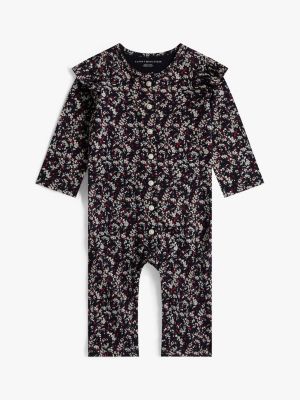 Babies' Ruffle Trim Floral Coverall, Navy Blue