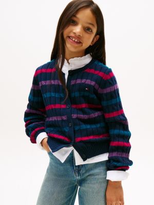 Kids' Stripe Cable Knit Cardigan, Navy Blue