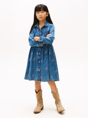 Kids' Floral Print Ruffle Chambray Dress, Medium Wash