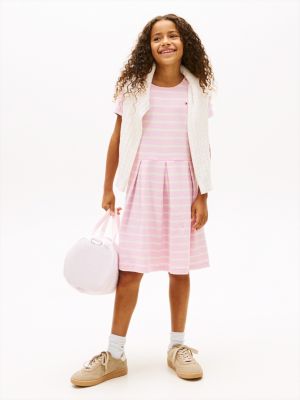 Kids' Short-Sleeve Stripe Skater Dress, Classic Pink Multi