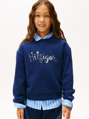 Kids' Sequin Hilfiger Logo Sweatshirt, Carbon Navy