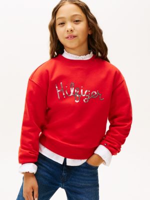 Kids' Sequin Hilfiger Logo Sweatshirt, Deep Crimson