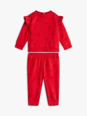 Babies' Bow Print Sweatshirt & Pant Set, Deep Crimson