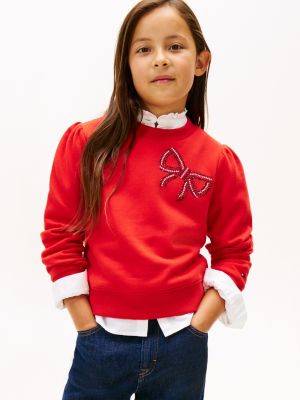 Kids' Rhinestone Bow Sweatshirt, Deep Crimson