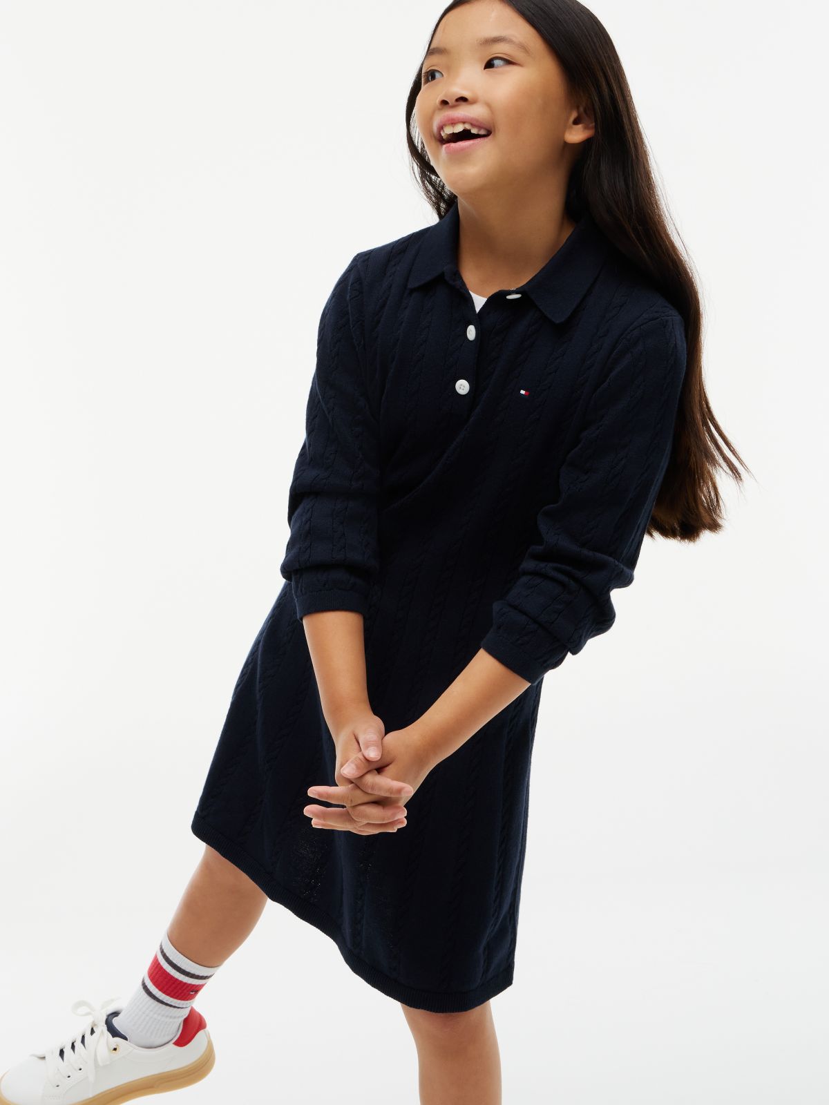 Kids' Cable Knit Polo Sweater Dress — Navy