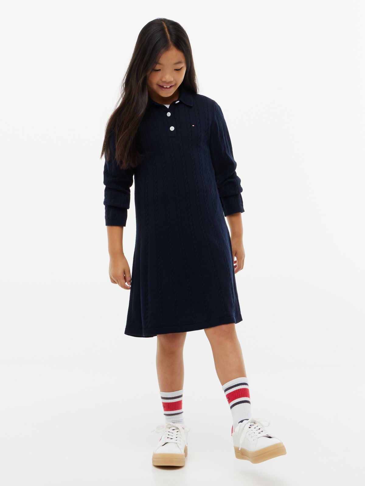 Kids' Cable Knit Polo Sweater Dress — Navy
