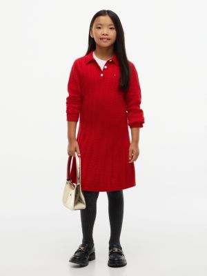 Kids' Cable Knit Polo Sweater Dress, Red