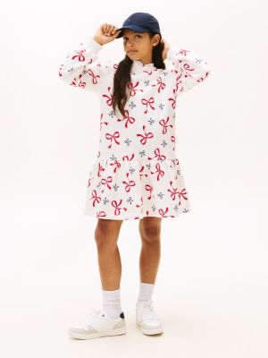 Kids' Allover Bow Print Sweatshirt Dress, Ecru