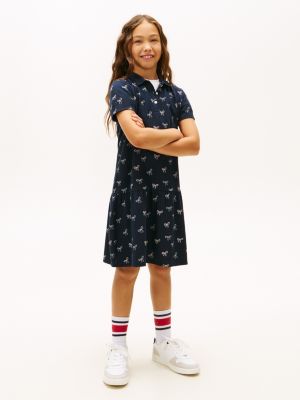 Kids' Bow Print Stretch Polo Dress, Navy