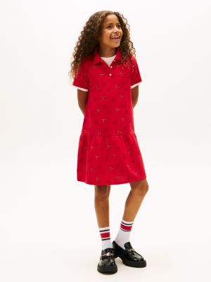 Kids' Bow Print Stretch Polo Dress, Primary Red