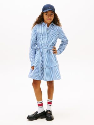 Kids' Stripe Tiered Poplin Shirtdress, Vibrant Indigo