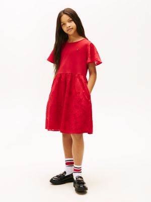 Kids' Floral Print Interlock Dress, Primary Red