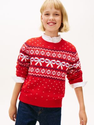 Kids' Fair Isle Bow Sweater, Deep Crimson