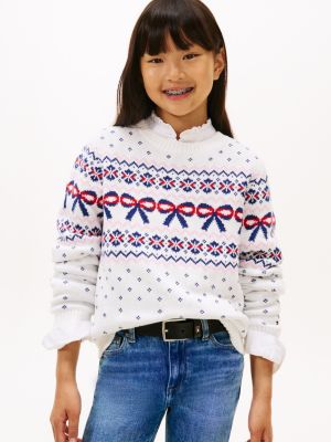 Kids' Fair Isle Bow Sweater, Ecru