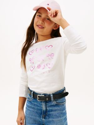 Kids' Bow Motif T-Shirt, Ecru