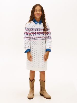 Kids' Fair Isle Bow Sweater Dress, Ecru