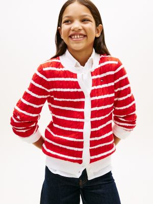 Kids' Stripe Cable Knit Cardigan, Deep crimson
