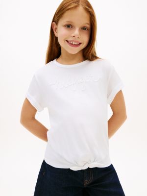 Kids' Hilfiger Logo Tie-Front T-Shirt, Optic White