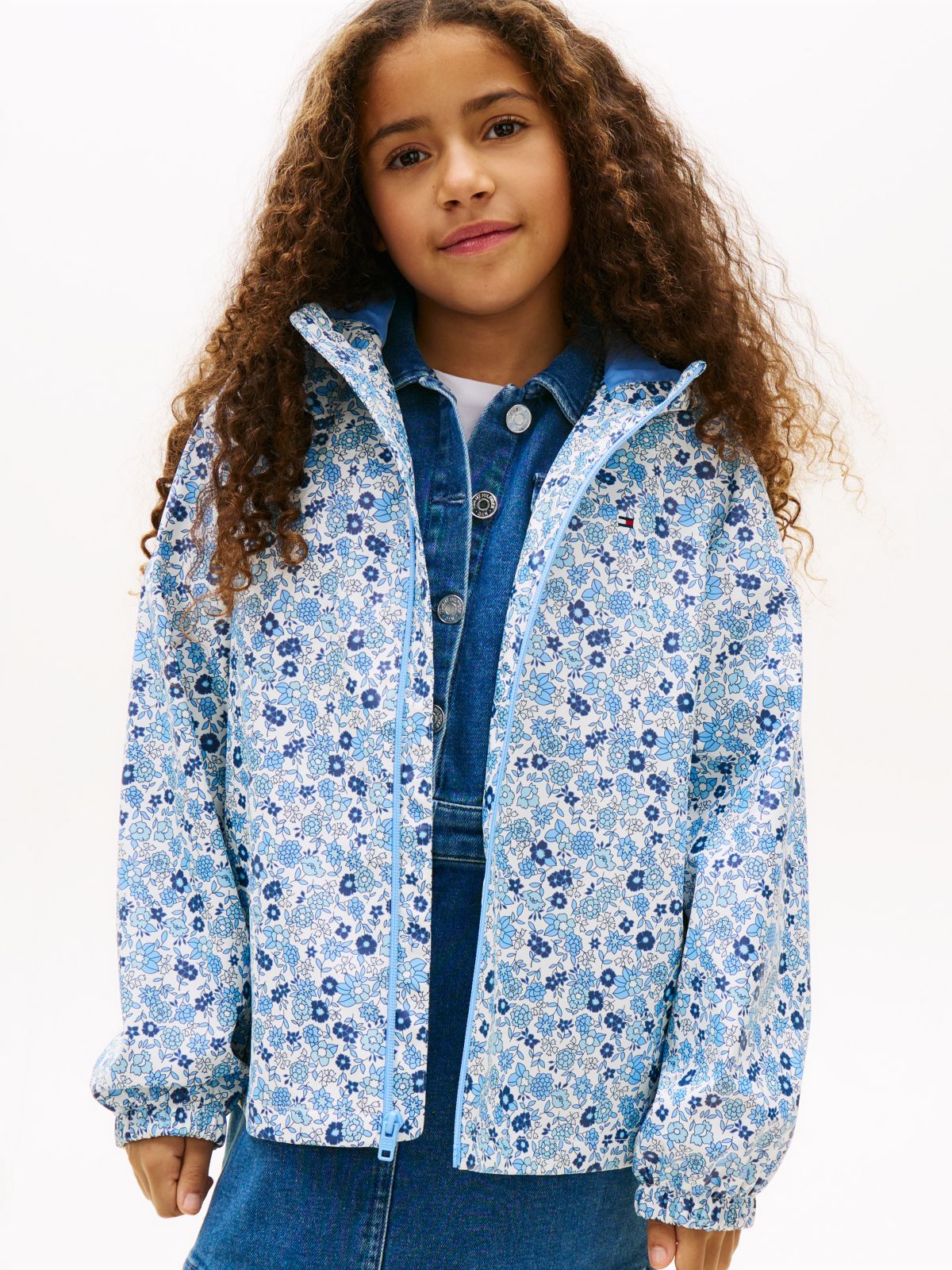 Kids' Floral Print Hooded Rain Jacket — Vessel Blue