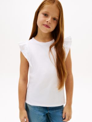 Kids' Embroidered Eyelet Flutter T-Shirt, Th optic white