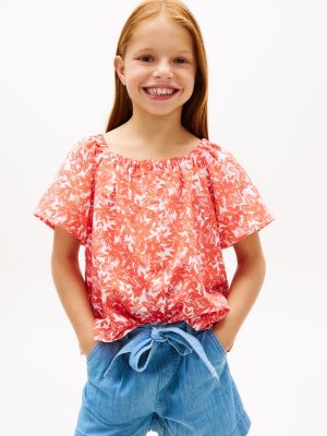 Kids' Tropical Print Puff-Sleeve Top, Bright Vermillion