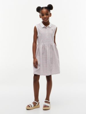 Kids' Striped Sleeveless Polo Dress, Optic White