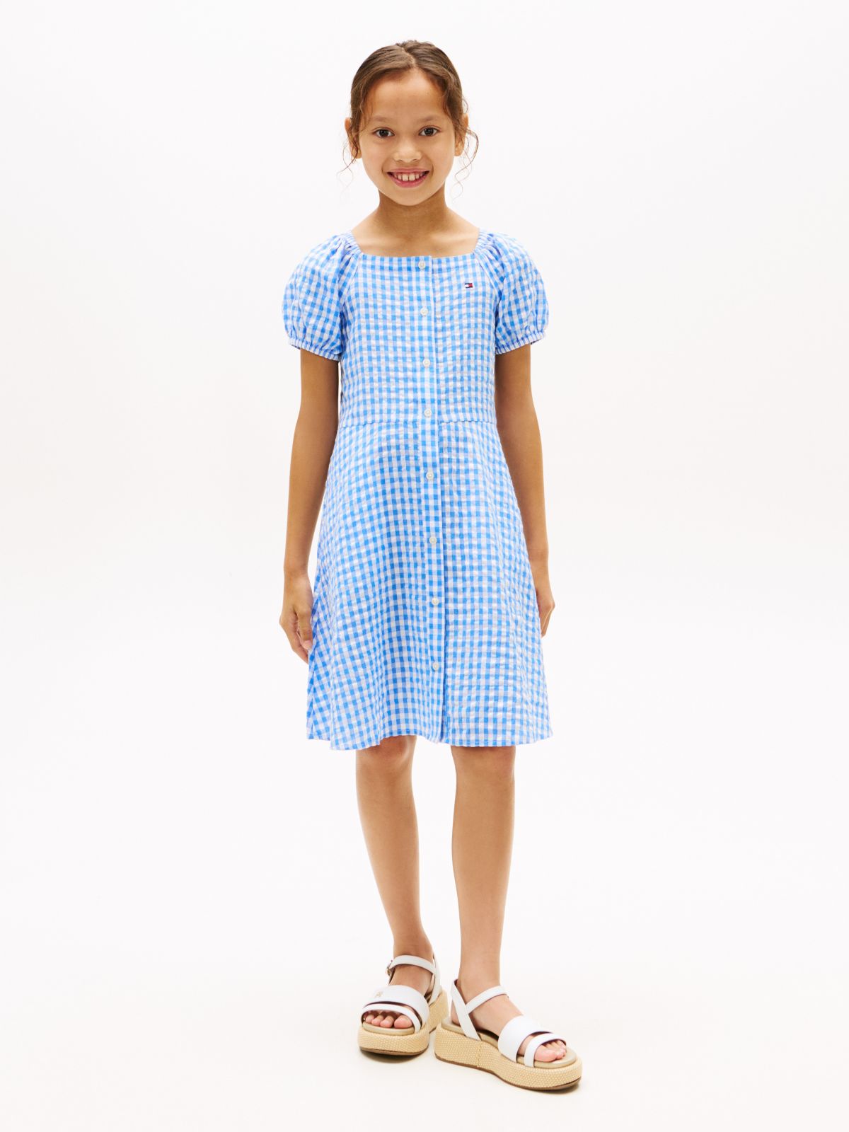 Kids' Gingham Puff-Sleeve Dress — Blue Spell