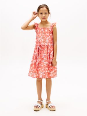 Kids' Floral Print Ruffle-Strap Dress, Bright Vermillion