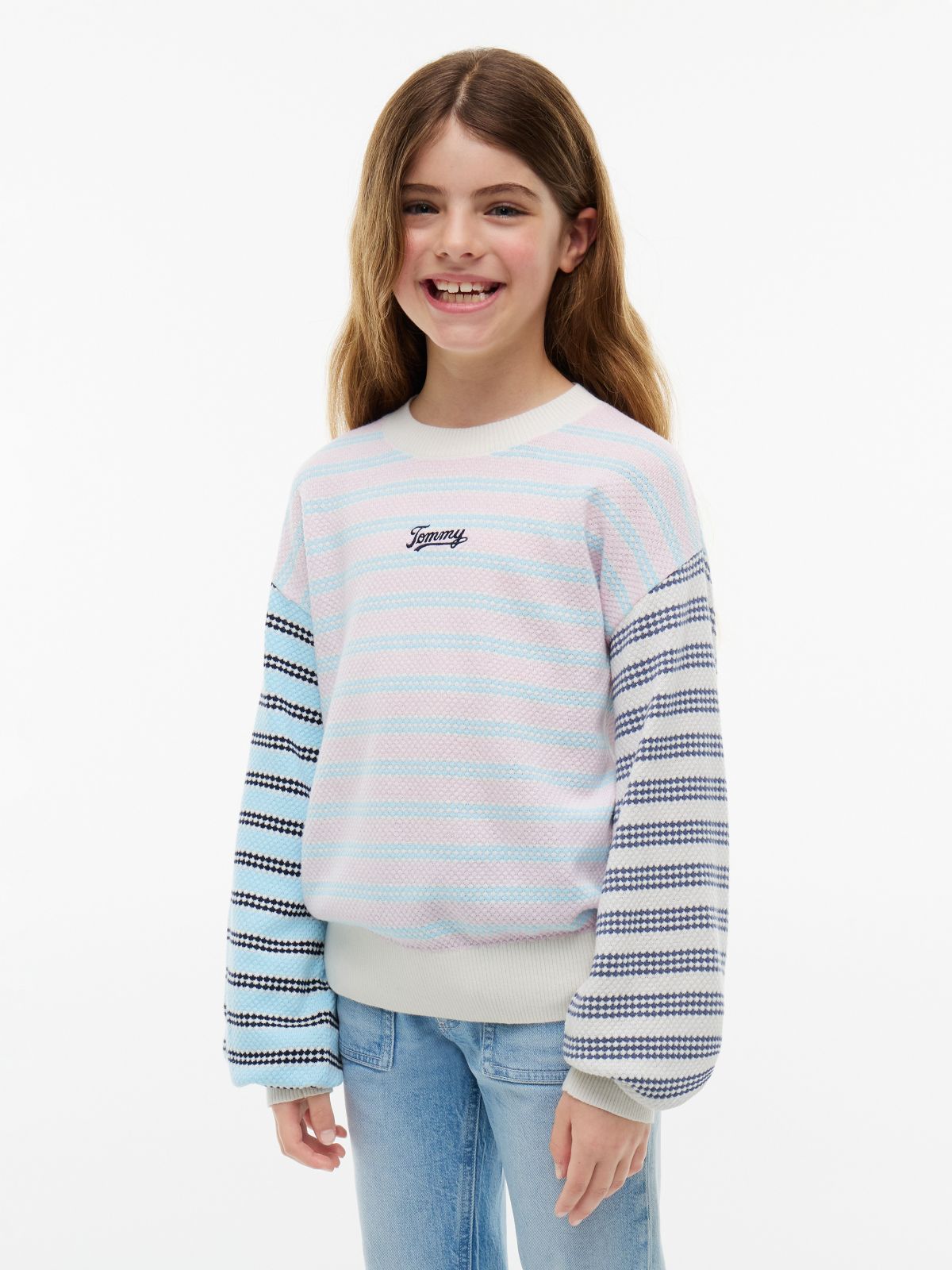 Kids' Striped Balloon-Sleeve Sweater — Ivory Silk