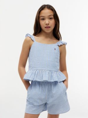 Kids' Stripe Seersucker Flutter Top, Blue Spell