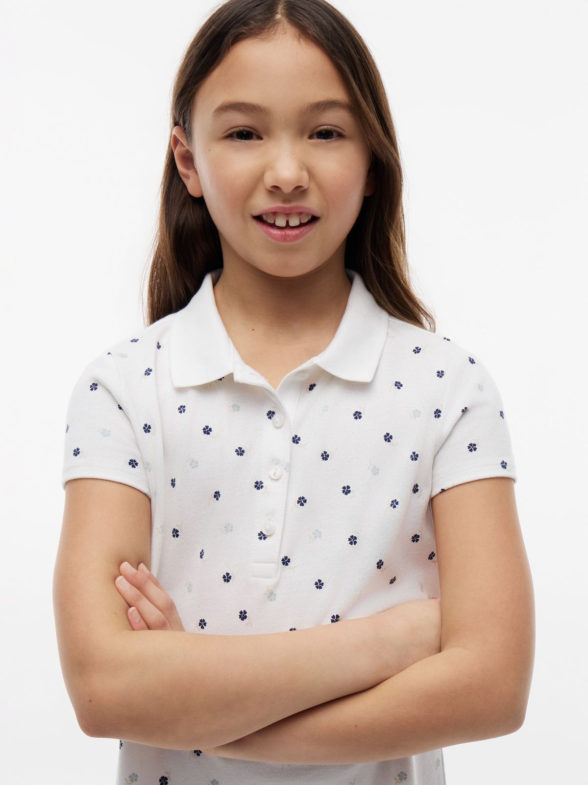 Kids' Allover Floral Print Polo Dress — Optic White