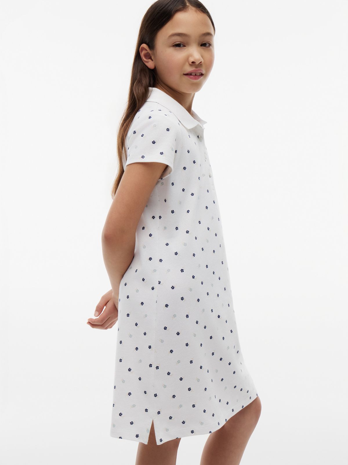 Kids' Allover Floral Print Polo Dress — Optic White